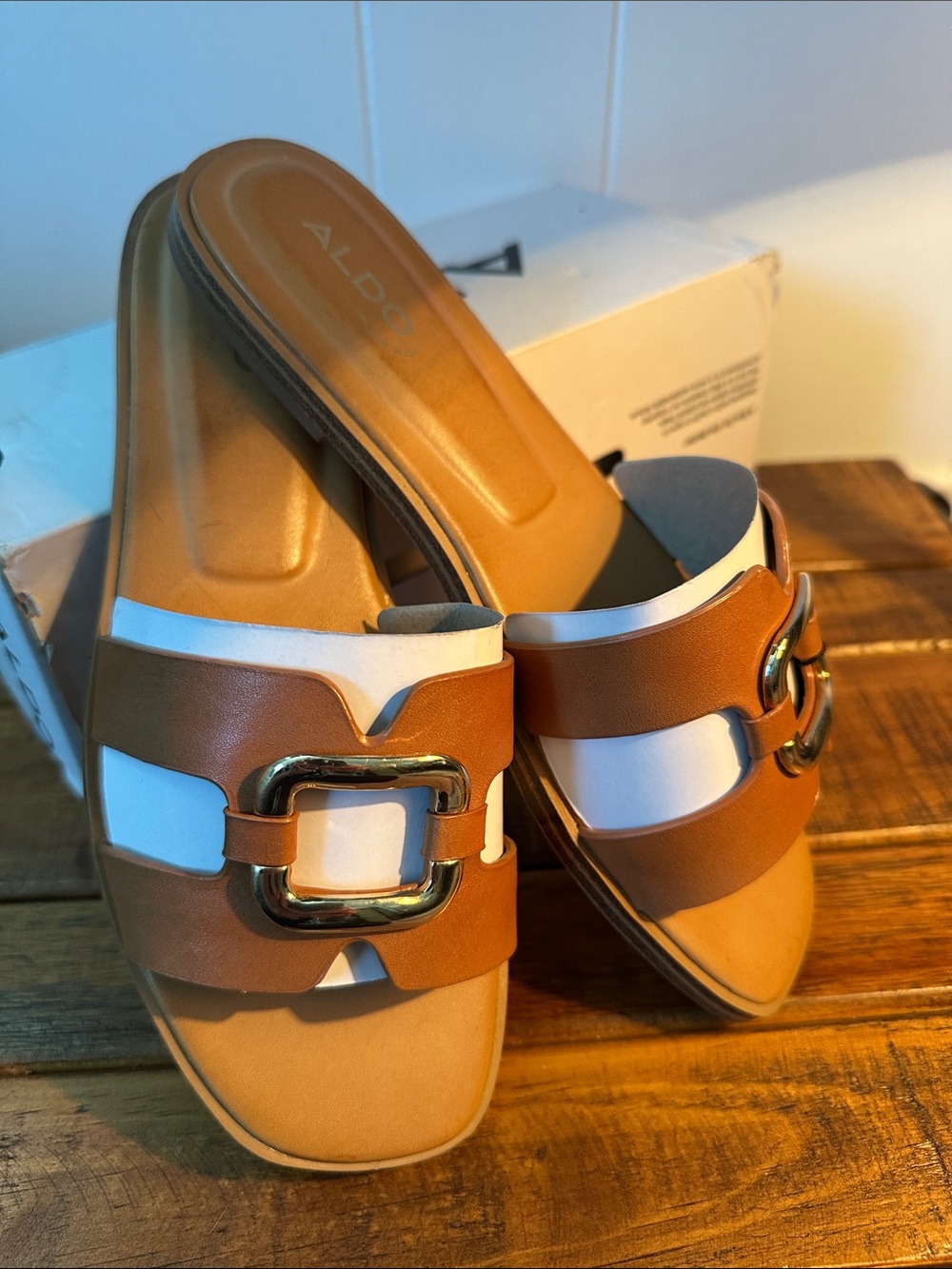 ALDO Tan and Gold Buckle Slide Mules